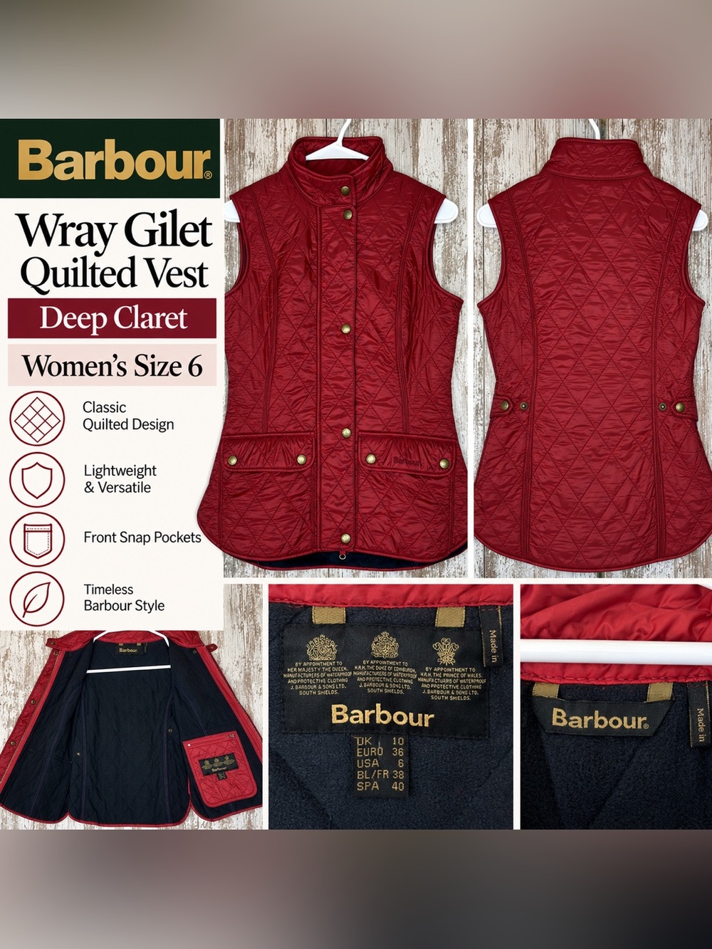 Barbour Wray Gilet Women’s Size 6 Deep Claret Quilted Fleece Lined Vest